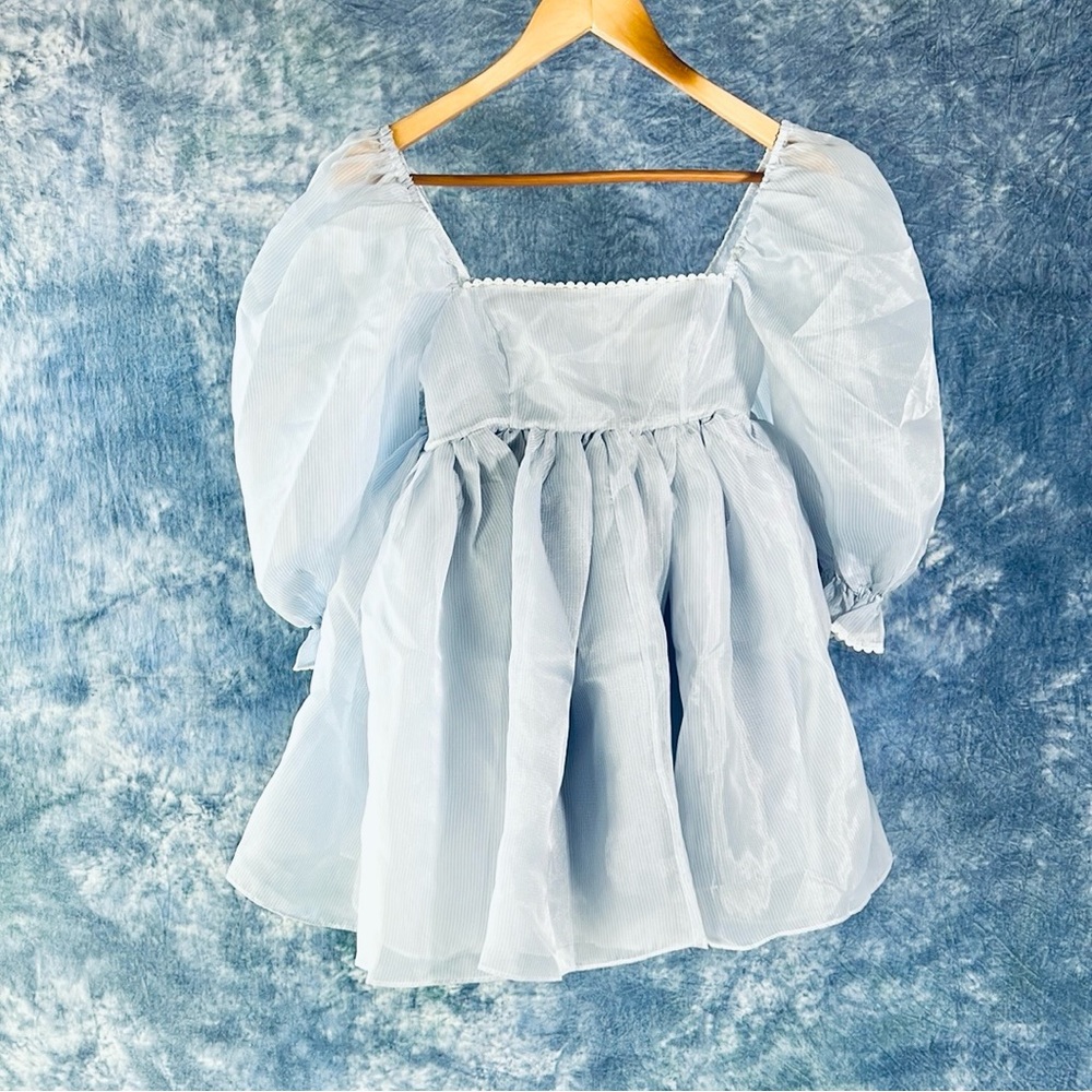 Selkie Blue Baby Pinstripe Puff Sleeve Square Neck Dress Sz XS